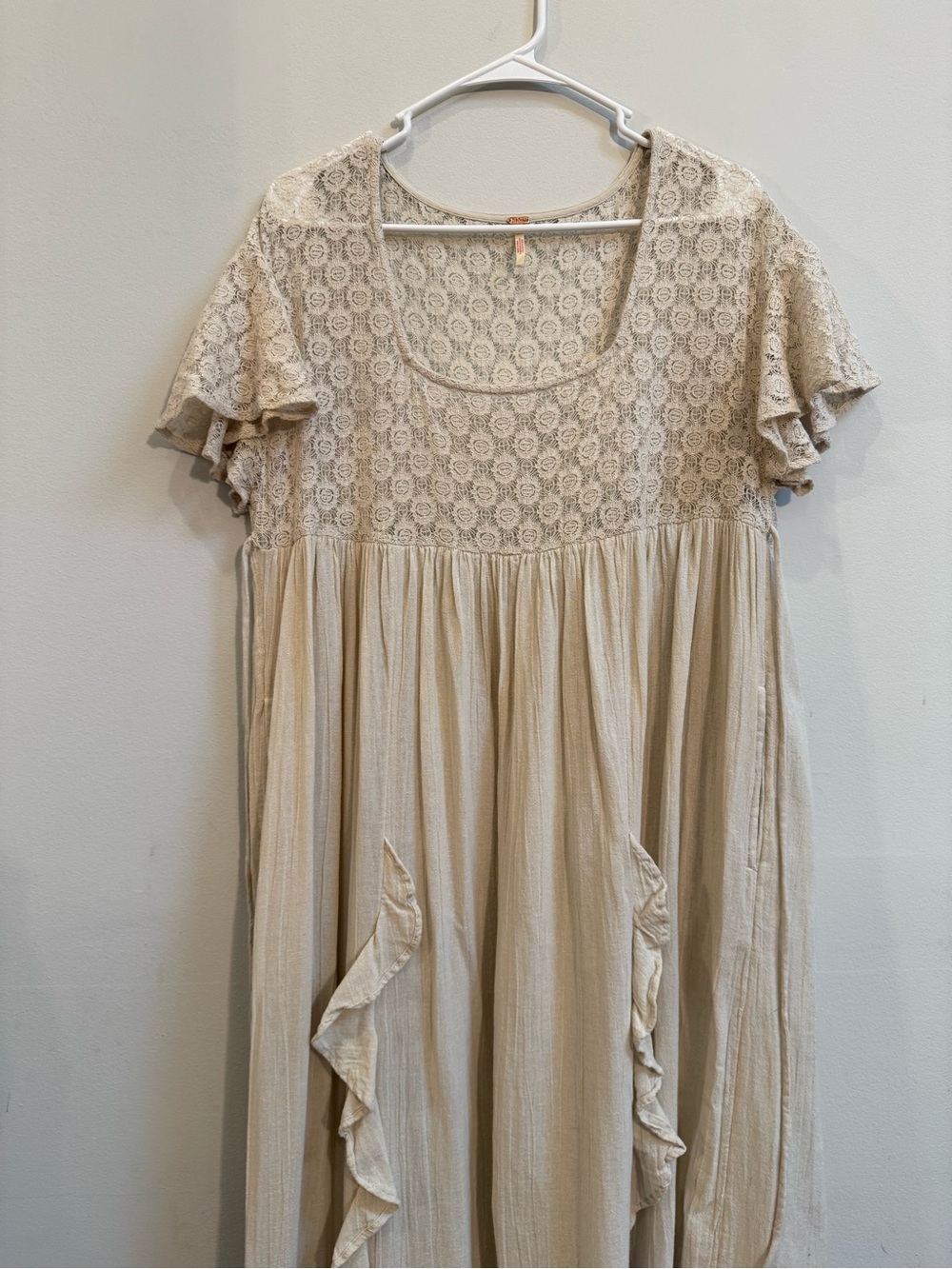 Free People Lace Yoke Ruffle Pocket Maxi Dress — Cream